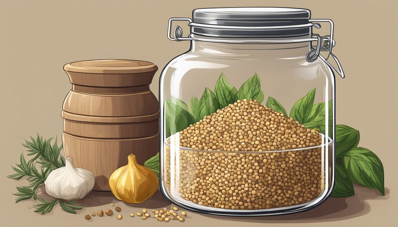 A jar of sesame seeds sits on a kitchen counter, surrounded by various spices and herbs. The seeds are dry and intact, with a golden-brown color