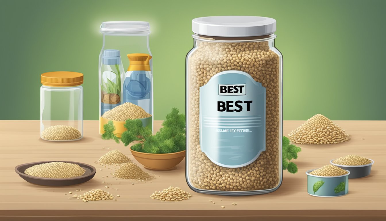 A tightly sealed jar of sesame seeds with a "best by" date label, surrounded by pest control measures such as traps and repellents