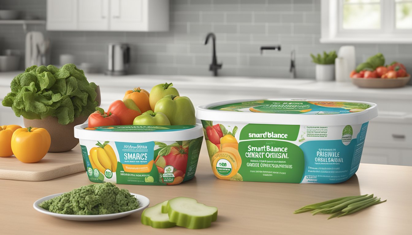 A tub of Smart Balance Original Spread sits on a kitchen countertop, surrounded by fresh produce and reusable containers. The packaging indicates a long shelf life