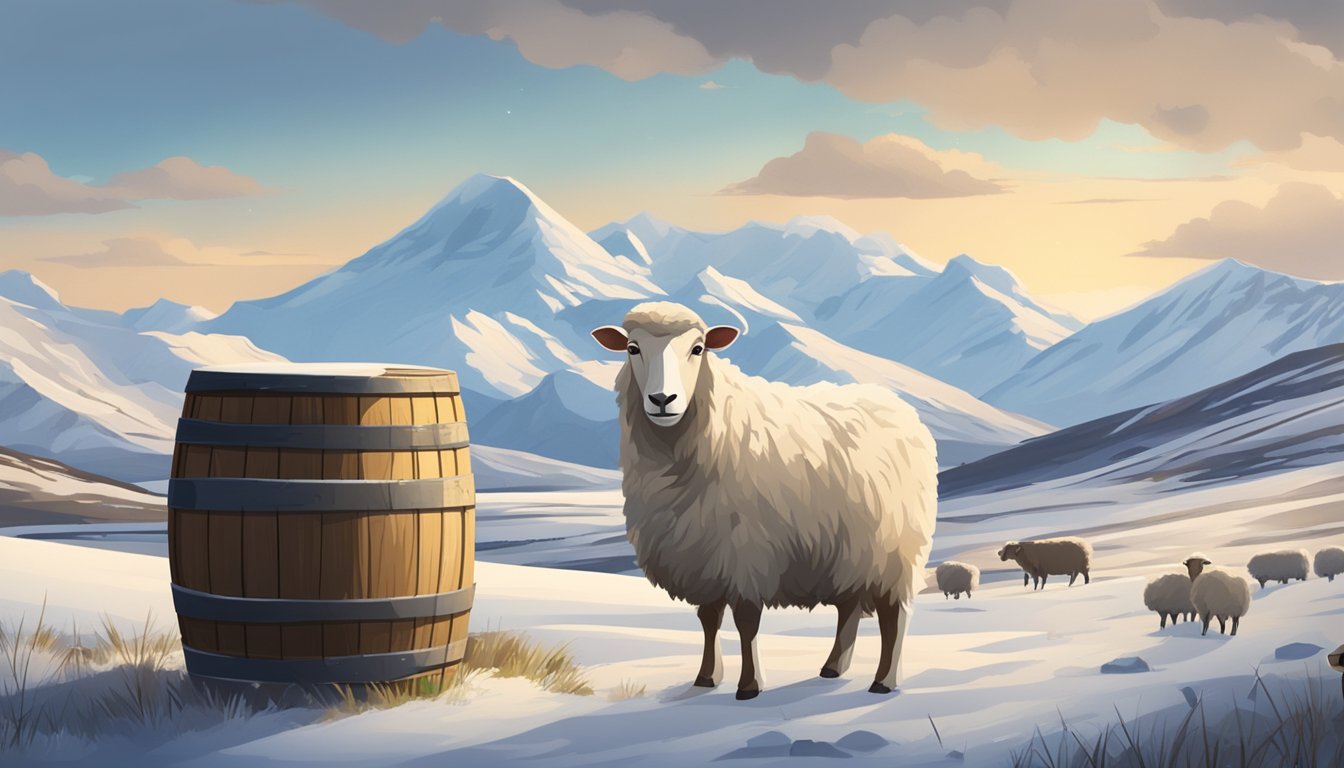 A rustic wooden barrel filled with Smari Organic Icelandic Skyr, surrounded by snowy mountains and grazing Icelandic sheep