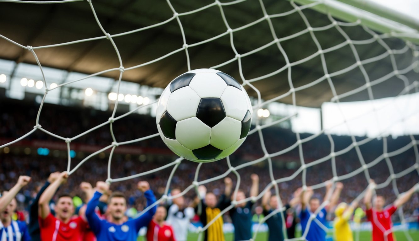 Sebuah bola sepak terbang ke dalam gawang, dikelilingi oleh para penggemar yang bersorak di stadion