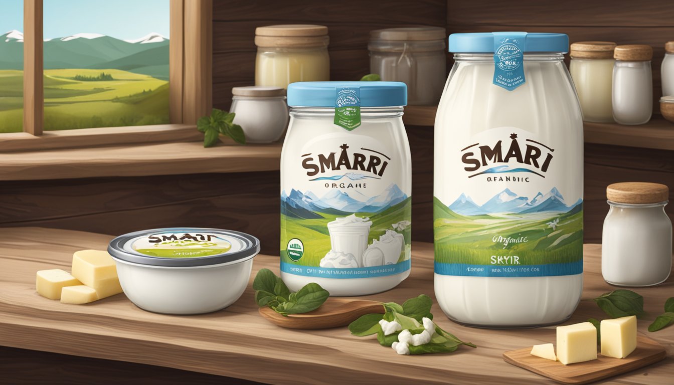 A jar of Smári Organic Icelandic Skyr sits on a rustic wooden shelf, surrounded by other dairy products. The label proudly displays the product's name and logo