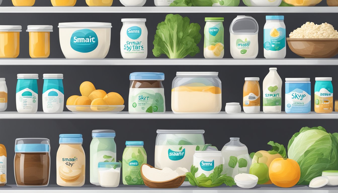 A refrigerator with a container of Smari Organic Icelandic Skyr placed on a shelf, surrounded by other food items