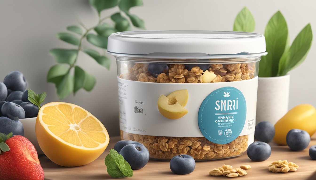 A container of Smari Organic Icelandic Skyr sits in a refrigerator, surrounded by fresh fruits and granola, indicating its use in a healthy diet