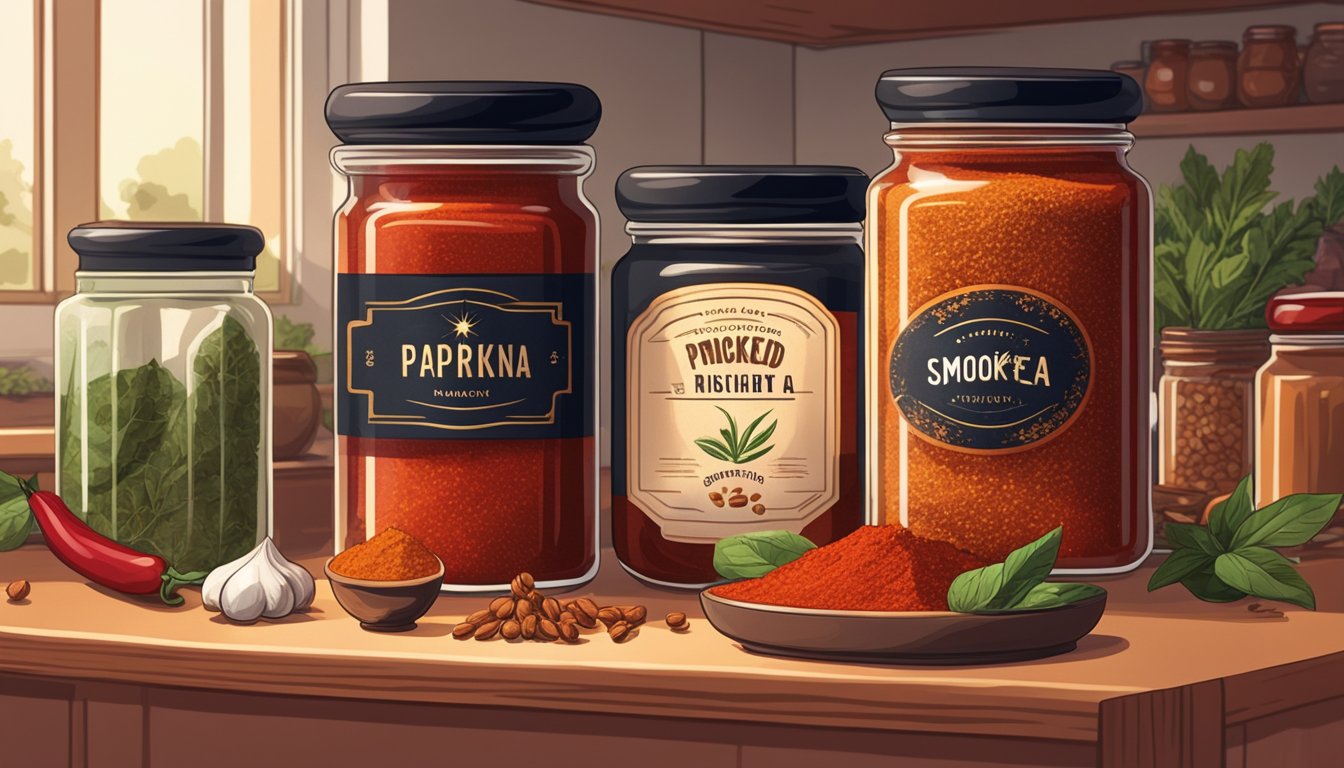 A jar of smoked paprika sits on a kitchen shelf, surrounded by other spices. Rays of sunlight highlight its deep red color and label