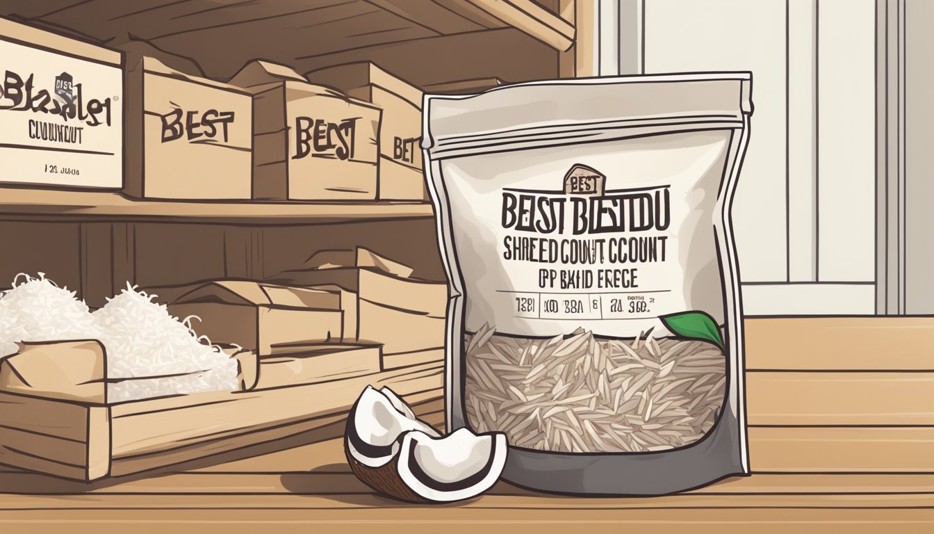 A bag of shredded coconut sits on a shelf with a "best by" date label