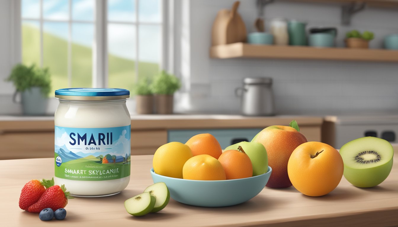 A jar of Smari Organic Icelandic Skyr sits unopened on a kitchen counter, surrounded by fresh fruit and a calendar with the date circled