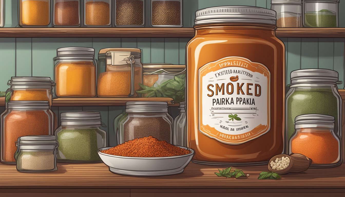 A jar of smoked paprika sits on a kitchen shelf, surrounded by other spices and ingredients. The label on the jar indicates the expiration date