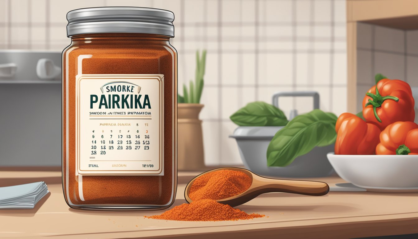 A jar of smoked paprika sits on a kitchen counter next to a calendar. The paprika is still in its original packaging and appears to be unopened