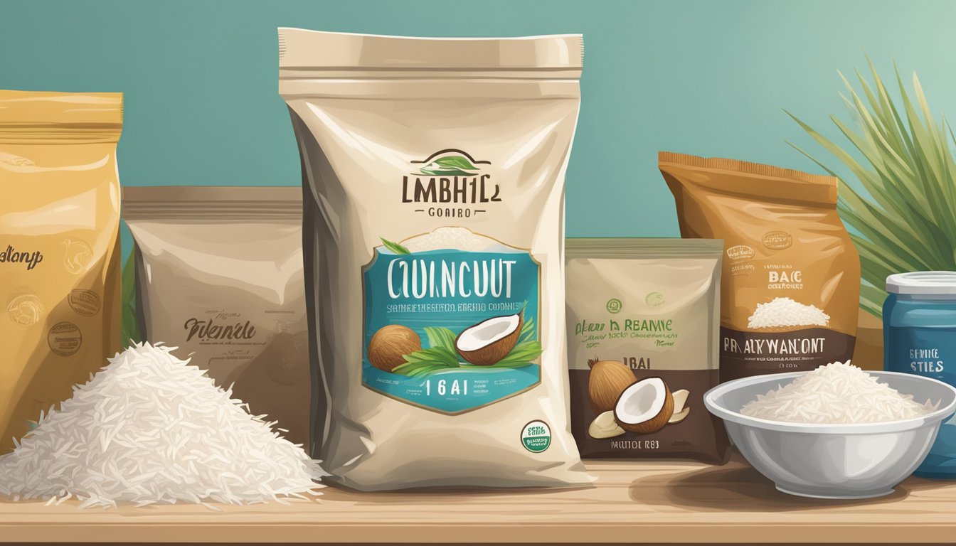 A sealed bag of shredded coconut sits on a pantry shelf, surrounded by other dry goods. The date of purchase is visible on the packaging