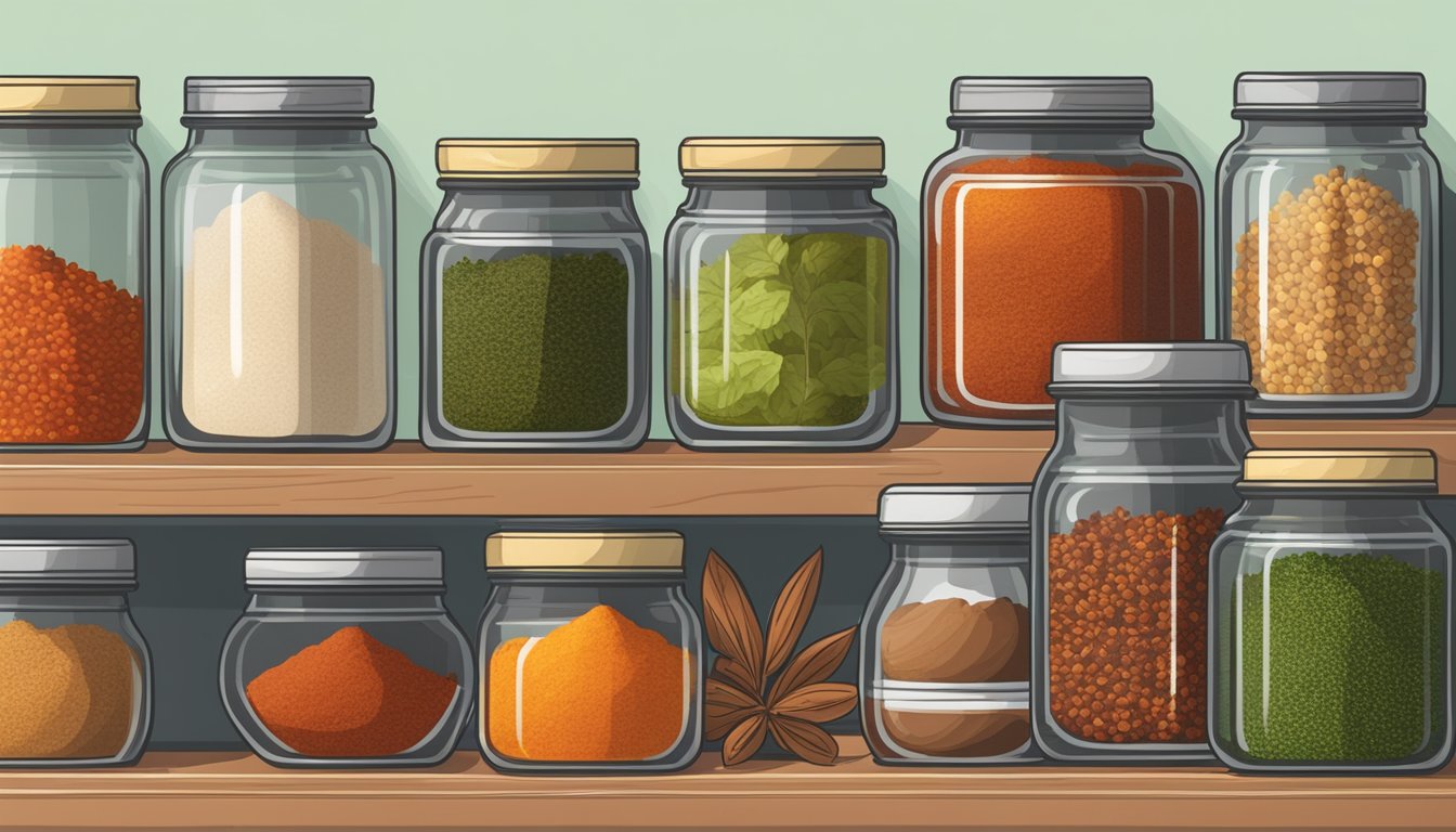 A tightly sealed jar of smoked paprika on a shelf, surrounded by other spices and herbs in a clean, organized pantry