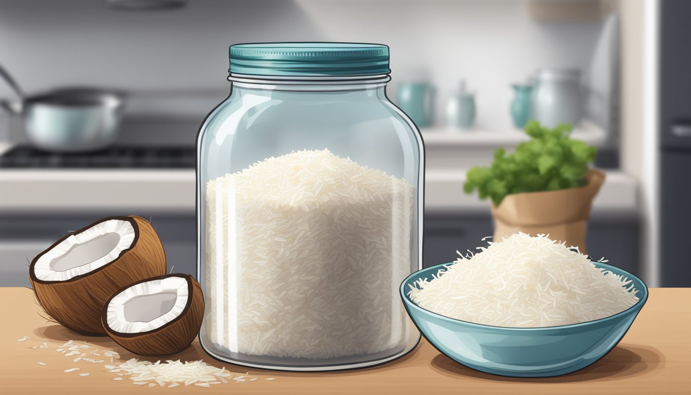 A glass jar filled with shredded coconut sits on a kitchen counter, next to a bag of flour and a recipe book