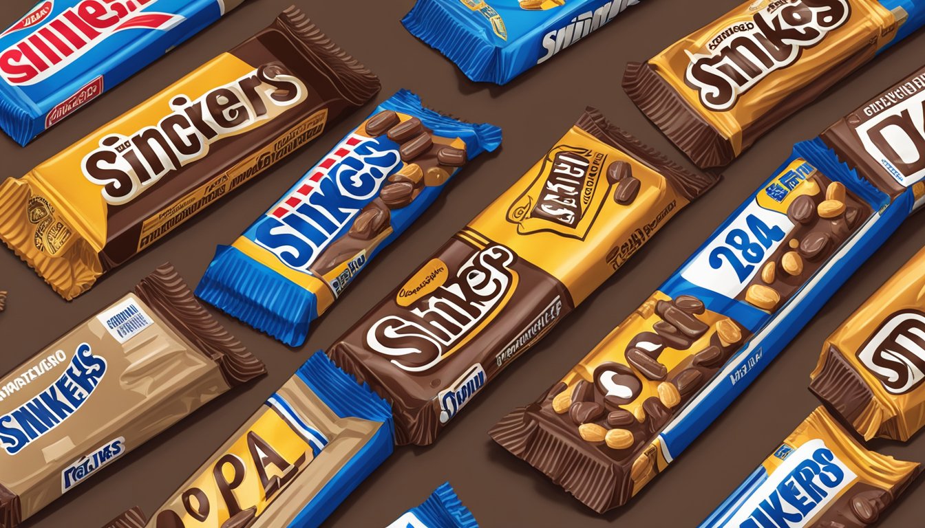 A Snickers bar sits on a store shelf, surrounded by other candy bars. The expiration date is clearly visible on the packaging