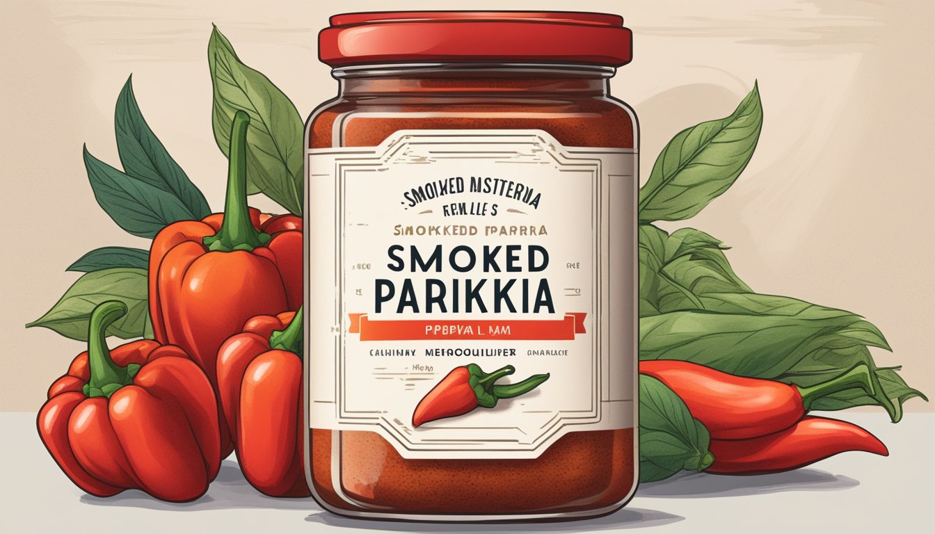 A jar of smoked paprika sits on a shelf, surrounded by vibrant red peppers and a smoky aroma. The label indicates a long shelf life