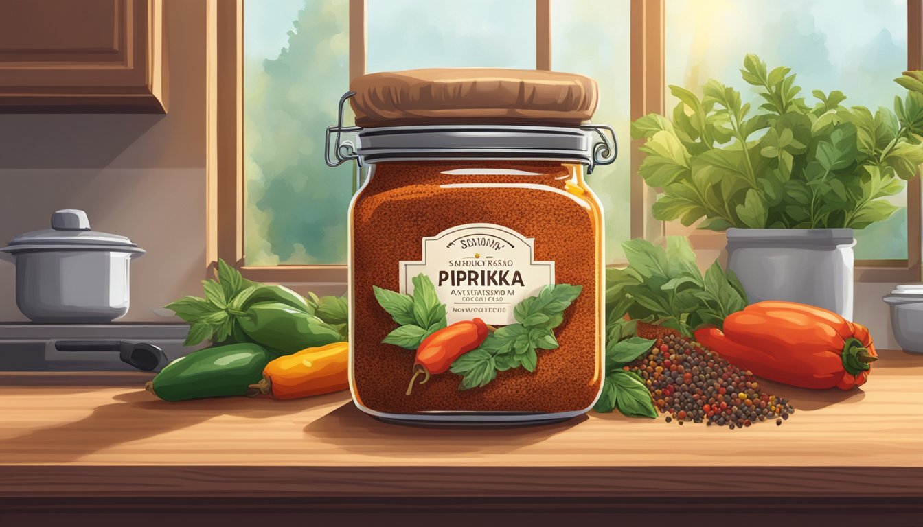 A jar of smoked paprika sits on a kitchen shelf, surrounded by colorful spices and herbs. The label indicates the expiration date, while sunlight streams through the window, casting a warm glow on the scene