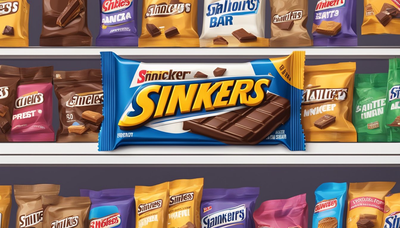 A Snickers bar sits on a shelf, surrounded by a variety of food items. The packaging is slightly worn, and the chocolate appears to be melting slightly