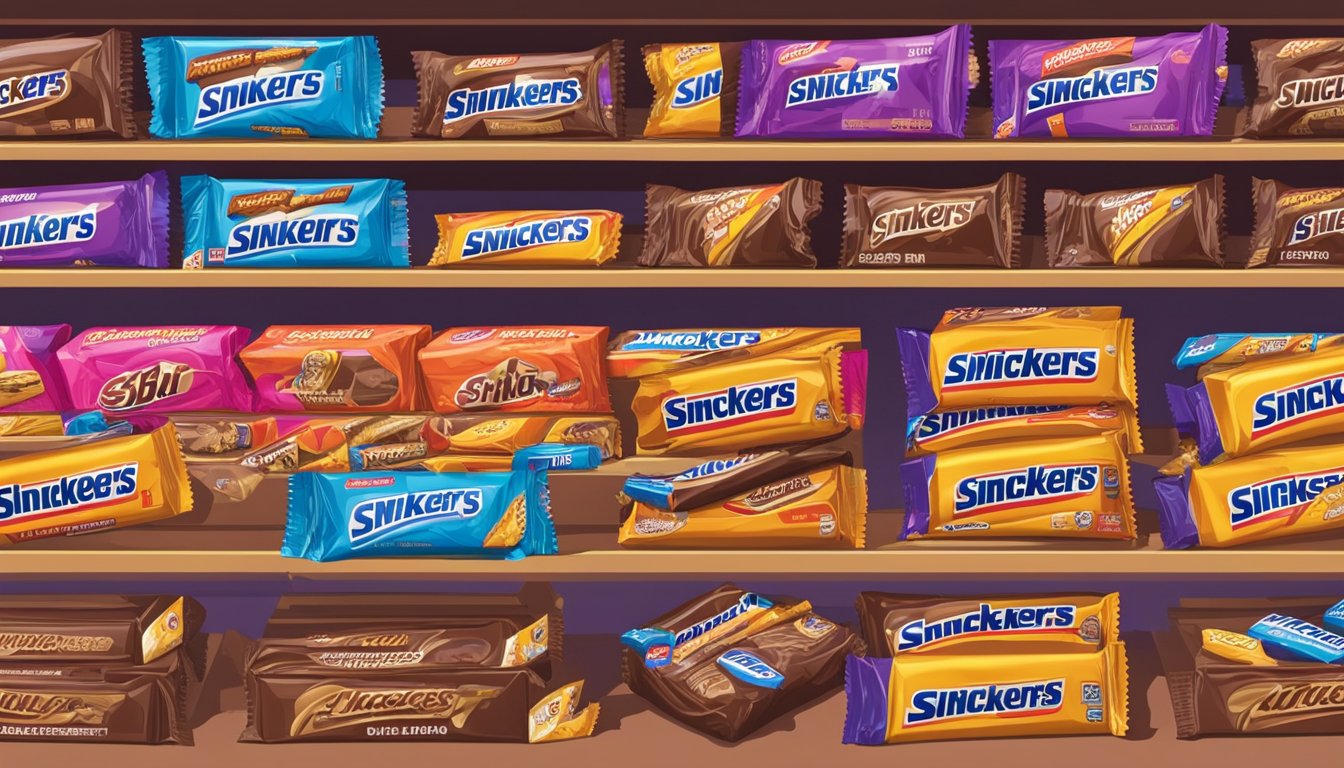 A Snickers bar sits on a shelf, surrounded by other candy bars. The packaging is intact and the chocolate appears fresh and unblemished