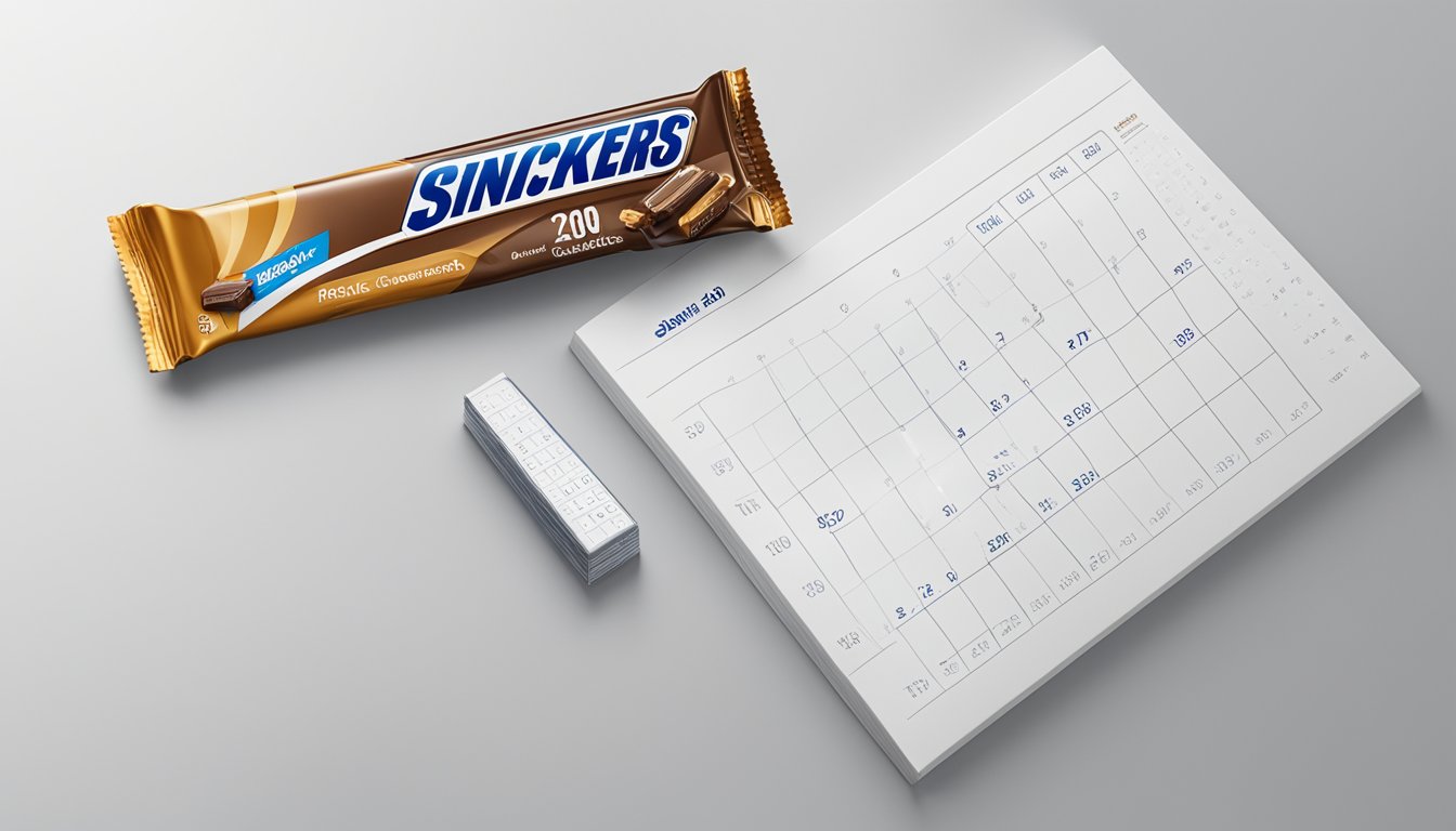 A Snickers bar sits on a clean, white surface next to a calendar showing the current date. The packaging is intact and there are no signs of damage or spoilage