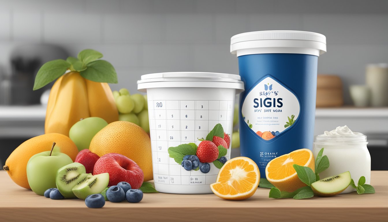 A container of Siggi's Icelandic Skyr sits in a refrigerator, surrounded by fresh fruits and a calendar showing the date of purchase and expiration