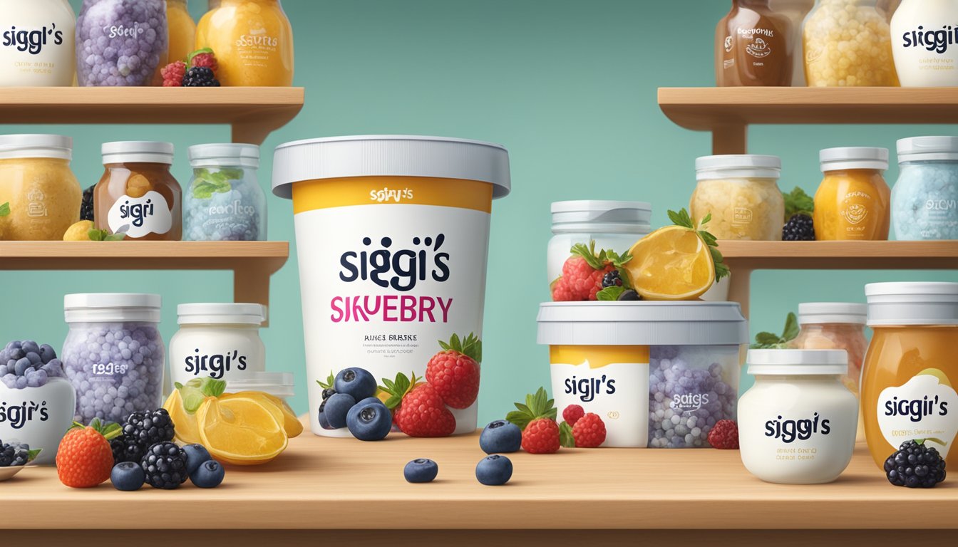 A container of Siggi's Icelandic Skyr sits unopened on a shelf, surrounded by fresh, natural ingredients like berries and honey