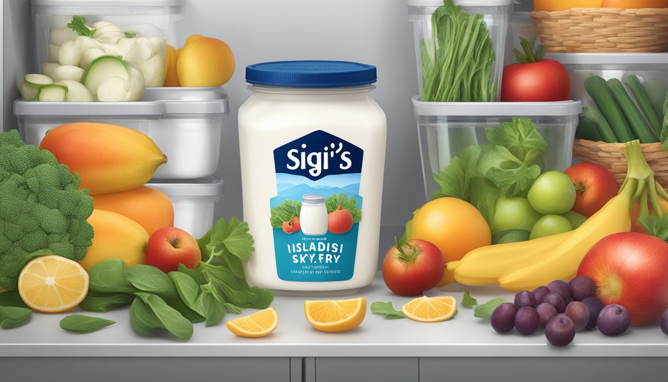 A container of Siggi's Icelandic Skyr sits unopened in a refrigerator, surrounded by fresh fruits and vegetables