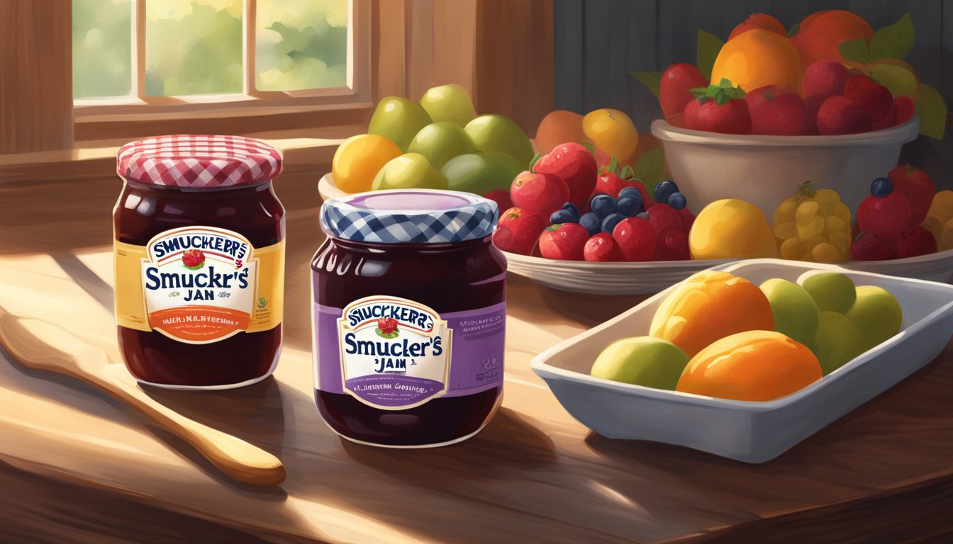 A jar of Smucker's Jam sits on a wooden table, surrounded by fresh fruit and a loaf of bread. Sunlight streams in through a nearby window, casting a warm glow over the scene