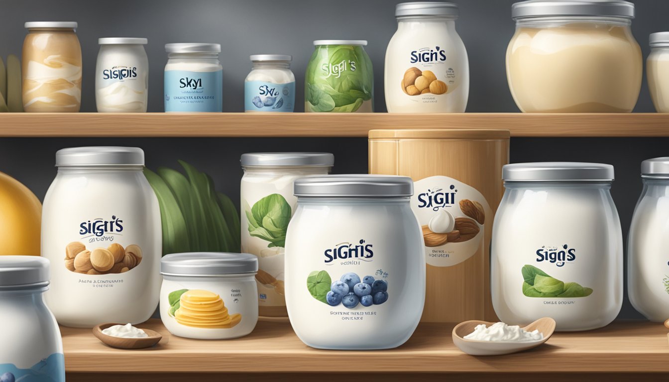 A jar of Siggi's Icelandic Skyr sits unopened on a kitchen shelf, surrounded by other dairy products