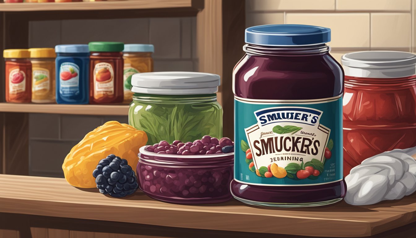 A jar of Smucker's Jam sits on a shelf next to other preserved foods in a cool, dry pantry