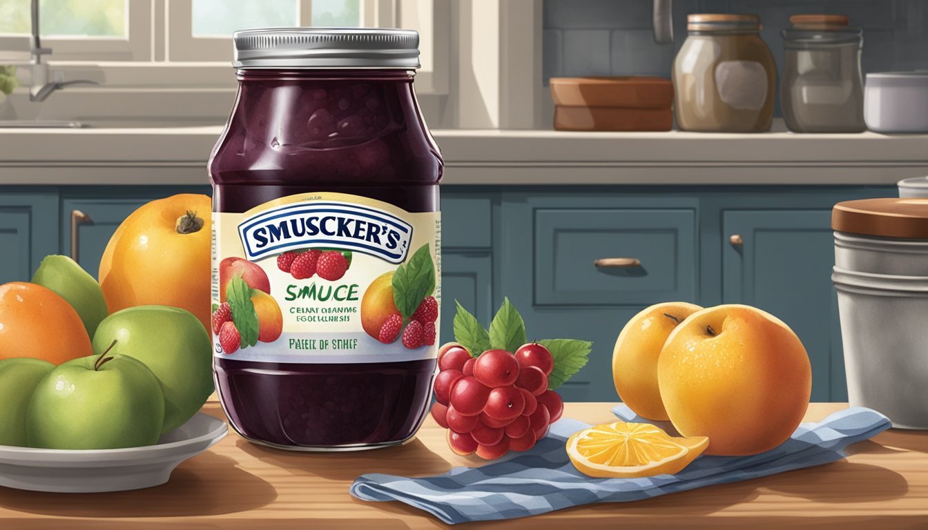 A jar of Smucker's Jam sits on a kitchen counter, surrounded by various fruits. The jam inside the jar appears moldy and discolored, indicating spoilage