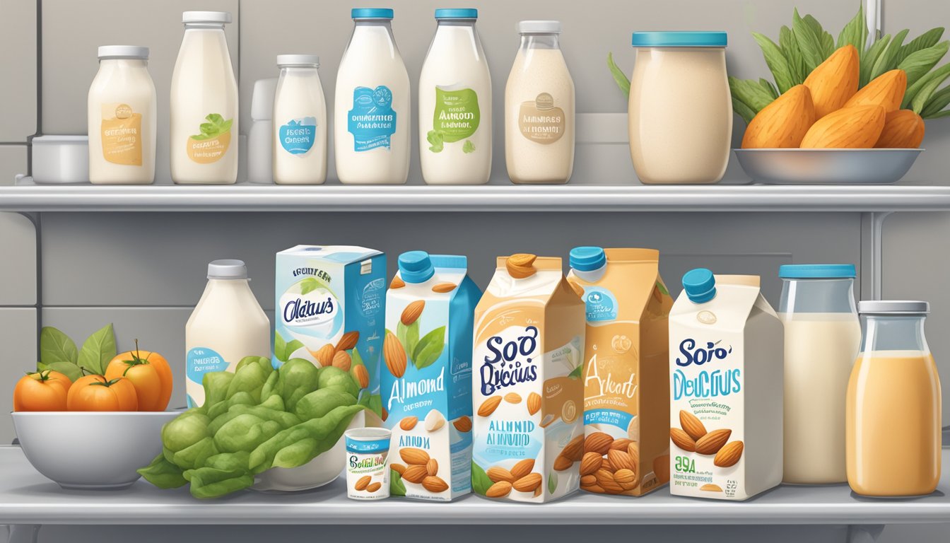 A refrigerator shelf with a carton of So Delicious Almond Milk, surrounded by other dairy alternatives and fresh produce