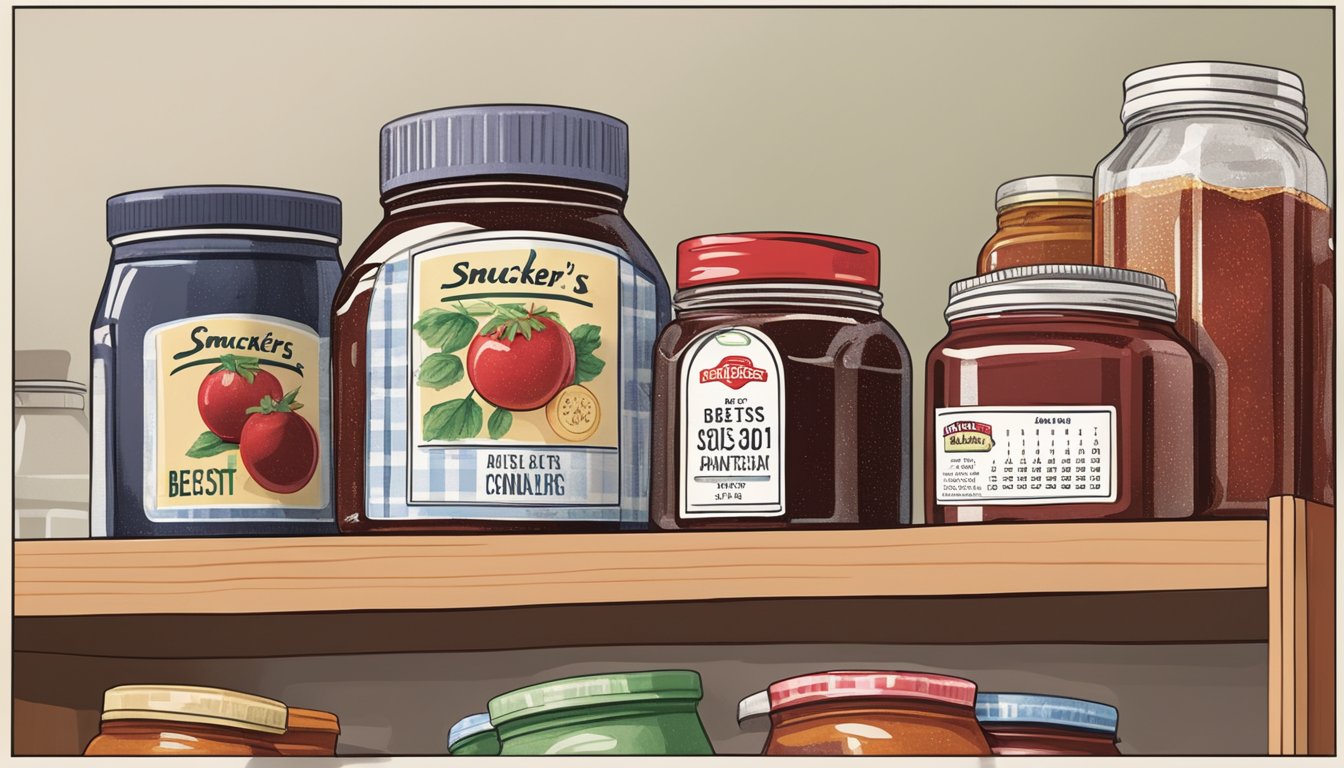 An open jar of Smucker's jam sits on a shelf next to a calendar, with a date circled in red. A sealed jar of jam is stored in a pantry with a best-by date printed on the lid