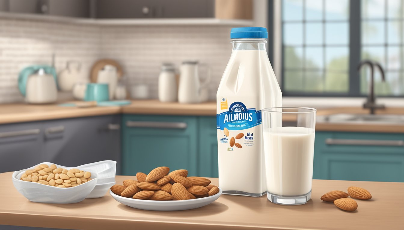 A carton of So Delicious Almond Milk with a clear expiration date label, sitting on a kitchen counter next to a glass and a bowl of cereal