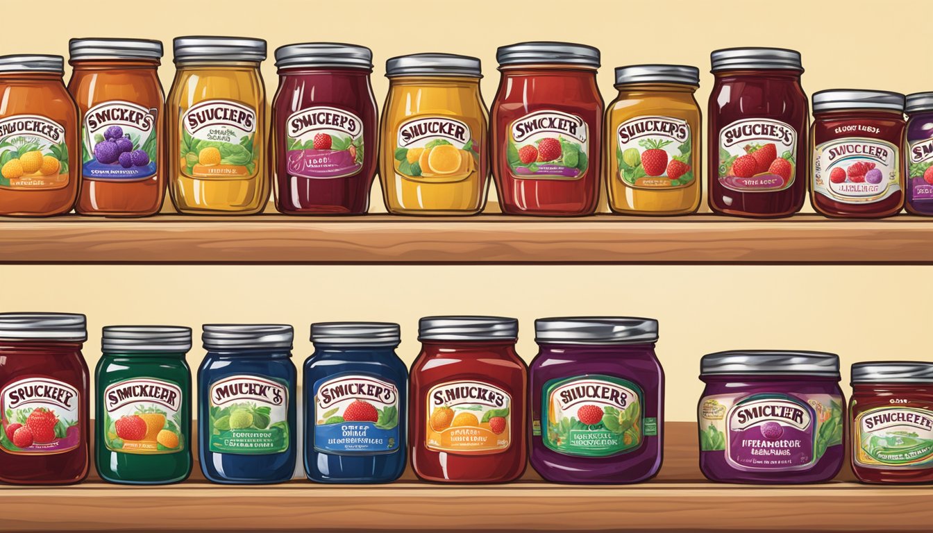 A colorful array of Smucker's jam jars lined up on a shelf, with various flavors and sizes on display