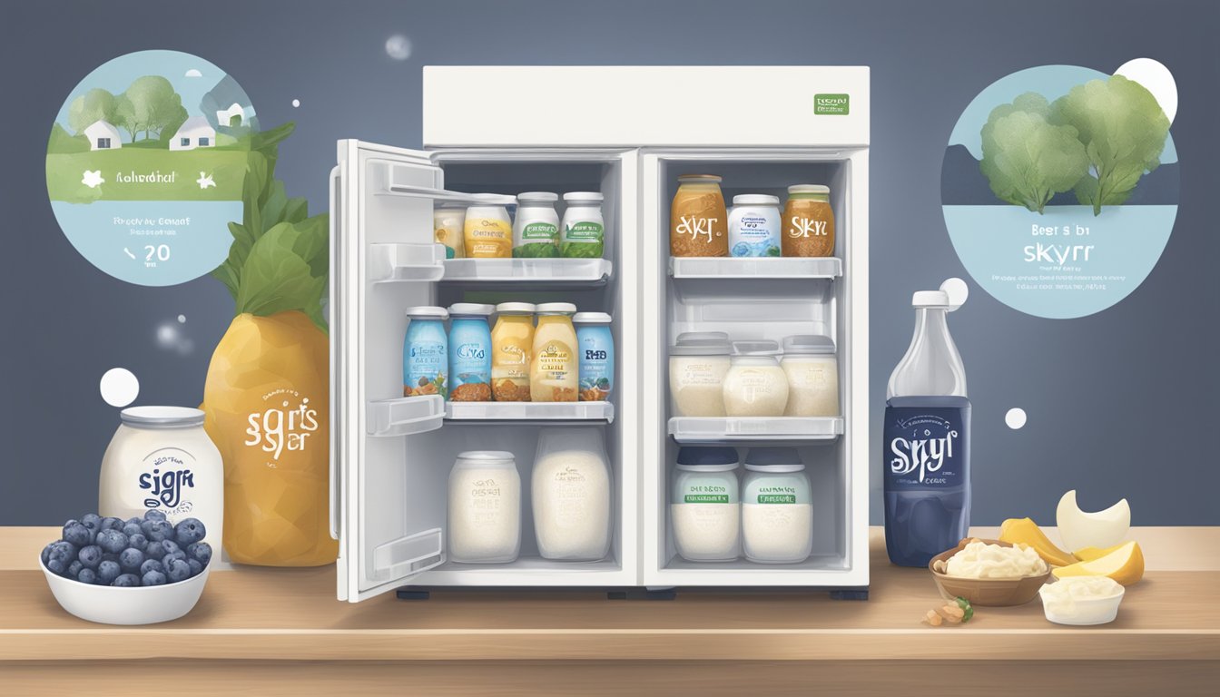 A refrigerator filled with various Siggi's Icelandic Skyr products, with a "Best By" date clearly visible on the packaging