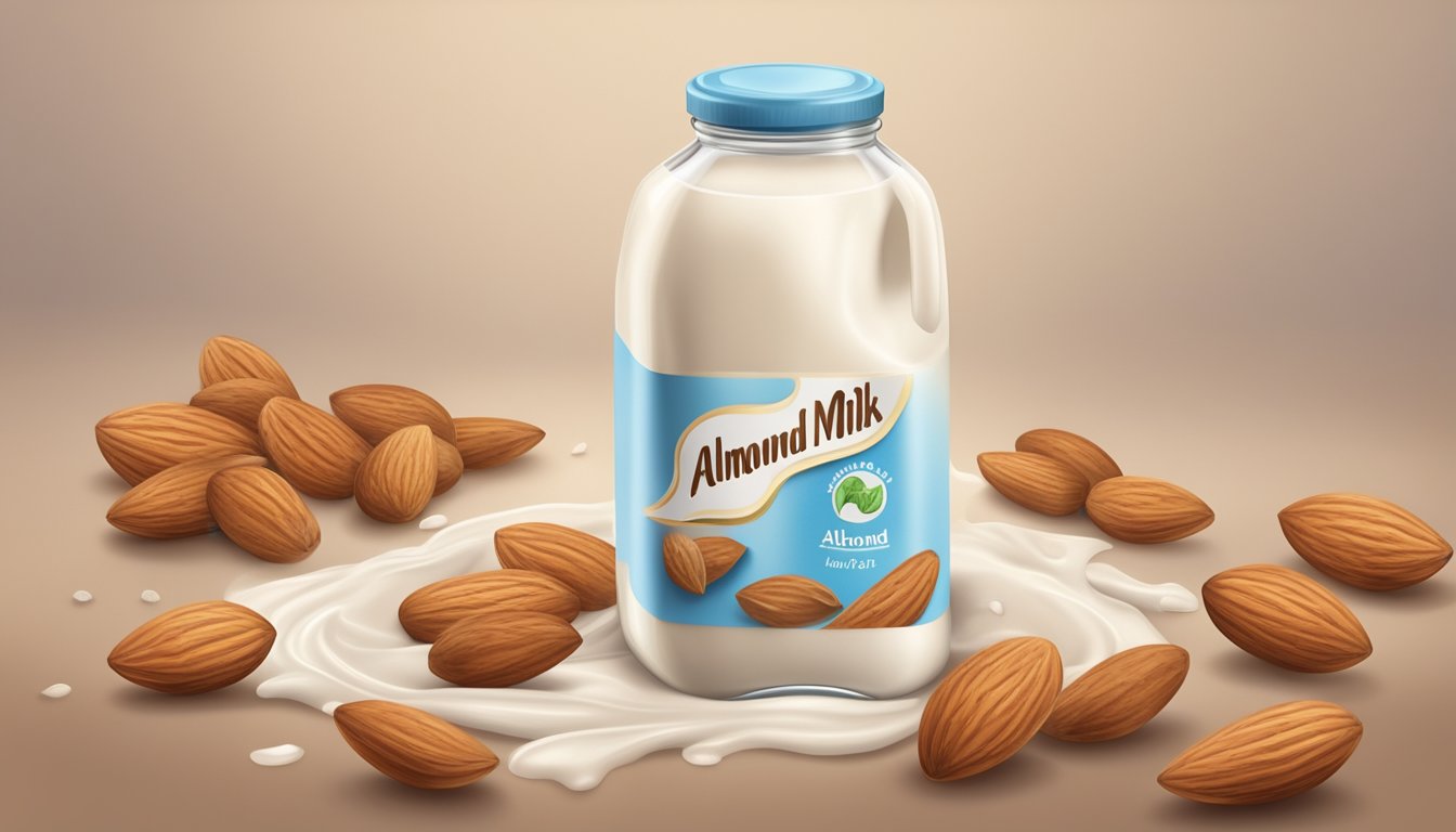 A carton of almond milk with a curdled texture and sour smell, surrounded by moldy almonds