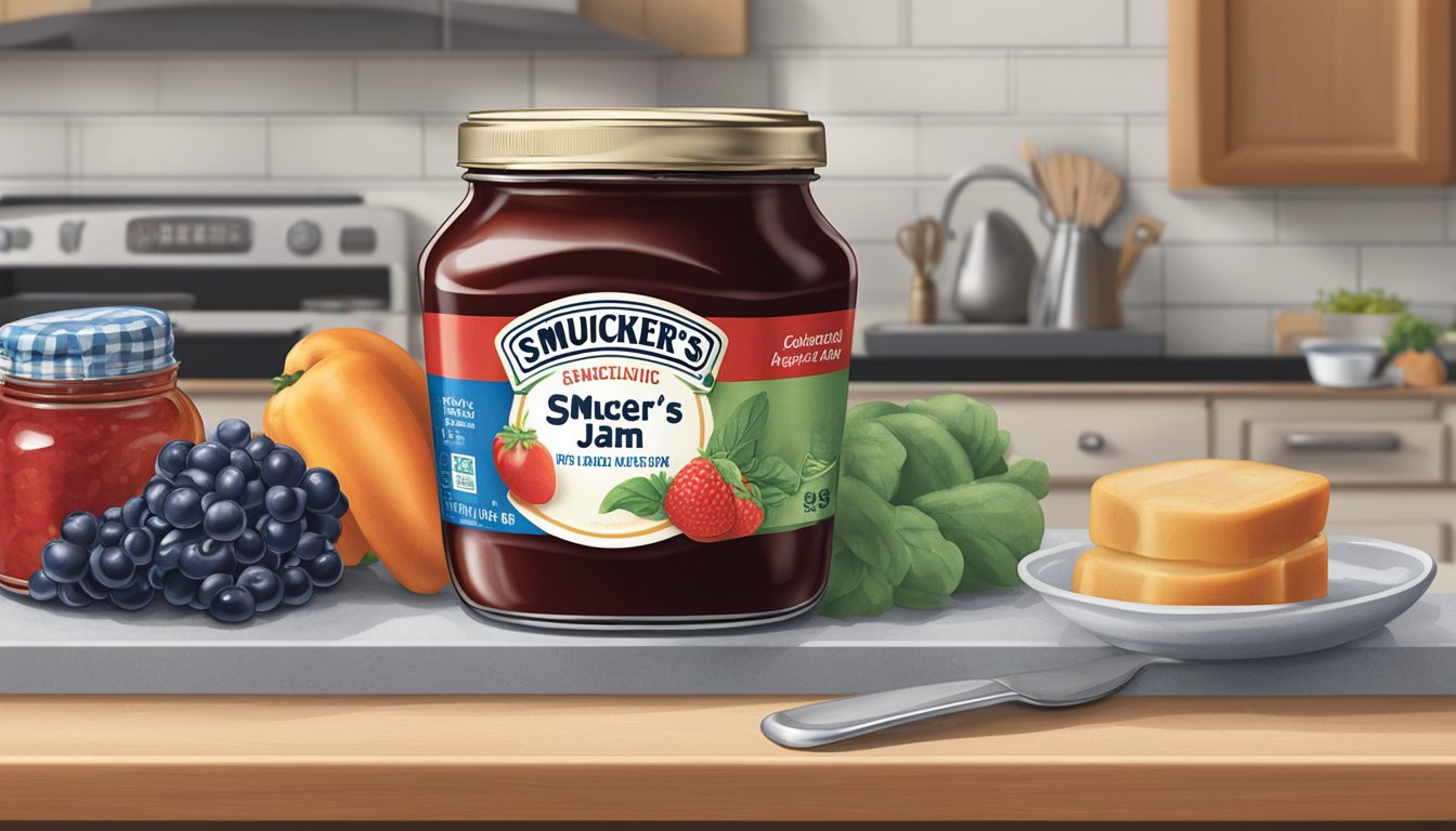 A jar of Smucker's jam sits on a kitchen counter, surrounded by other food items. The label shows the expiration date