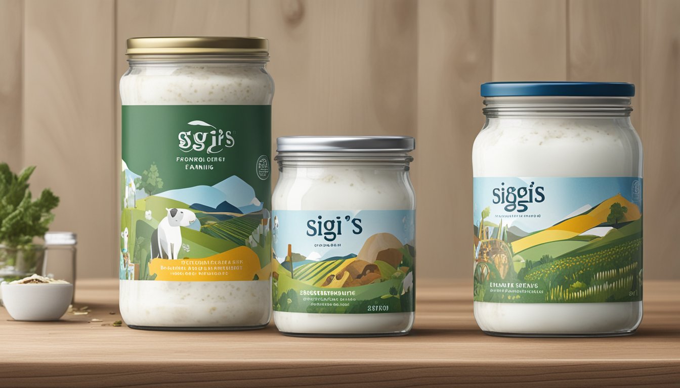 A jar of Siggi's Icelandic Skyr sits on a shelf with a "best by" date clearly visible. Surrounding the jar are images of sustainable farming practices and ethical sourcing