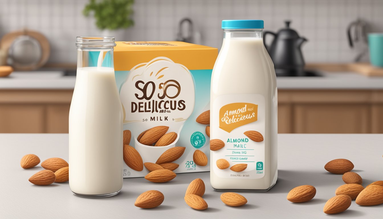 A carton of So Delicious Almond Milk sits unopened on a kitchen counter, surrounded by fresh almonds and a calendar with the current date circled