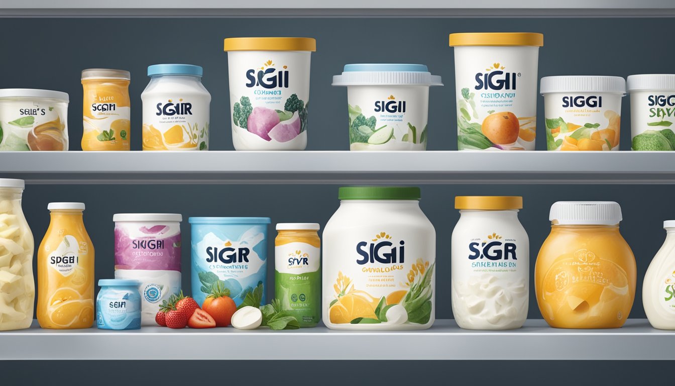 A container of Siggi's Icelandic Skyr sits unopened on a shelf in a refrigerator, surrounded by other dairy products and fresh produce