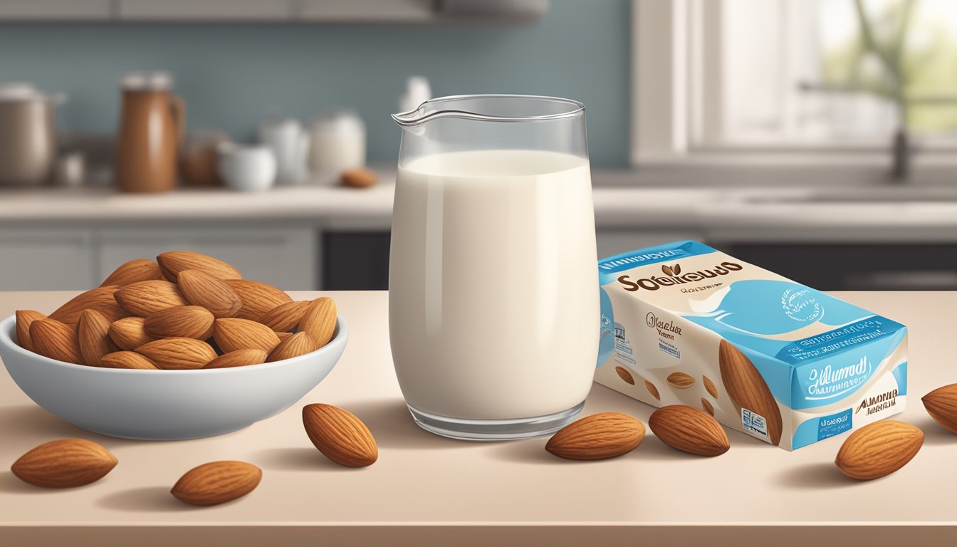 A carton of So Delicious Almond Milk sitting on a kitchen counter, surrounded by almonds and a measuring cup