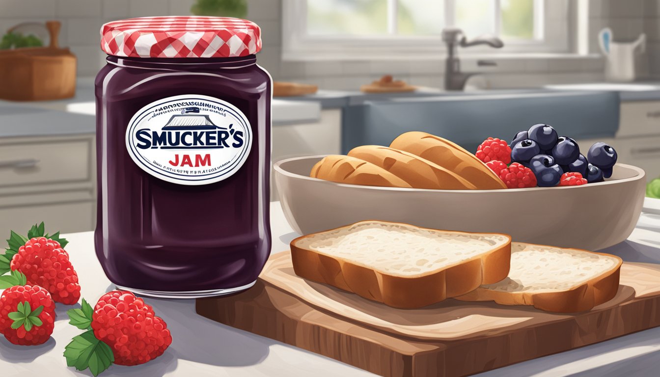 A jar of Smucker's Jam sits unopened on a kitchen counter, surrounded by fresh berries and a loaf of bread