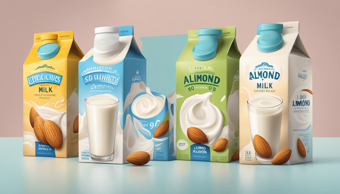 A carton of So Delicious Almond Milk sitting next to other dairy alternatives with varying expiration dates