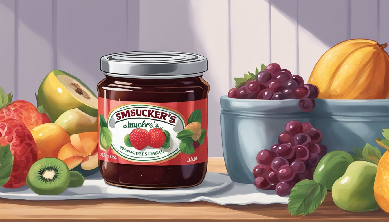 A jar of Smucker's Jam sits unopened on a shelf, surrounded by various fruits. Another scene shows a slice of toast being spread with the jam