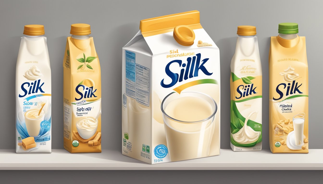 A carton of Silk Soy Milk sits on a kitchen counter, surrounded by various types of packaging. The expiration date on the carton is clearly visible