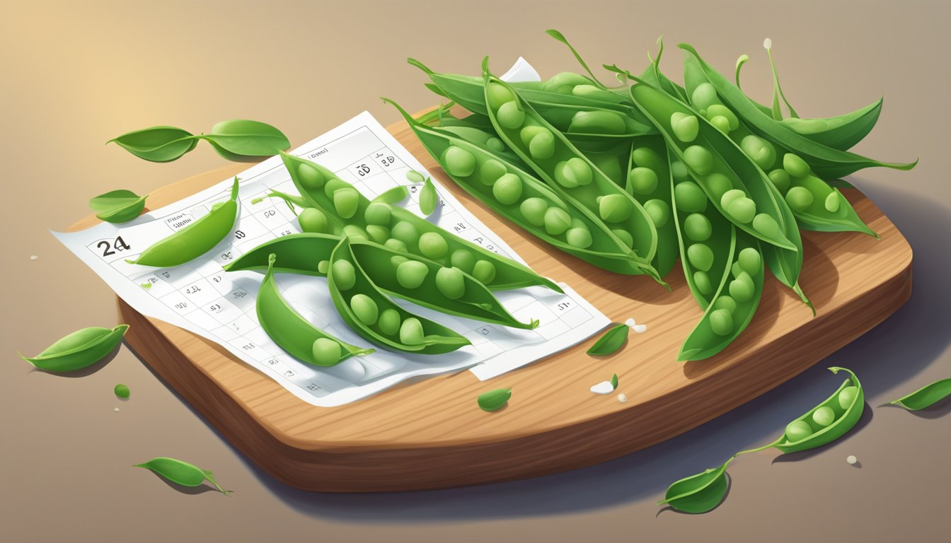 Fresh snow peas in a crisp, vibrant pile, with a few scattered on a cutting board. A calendar on the wall shows today's date