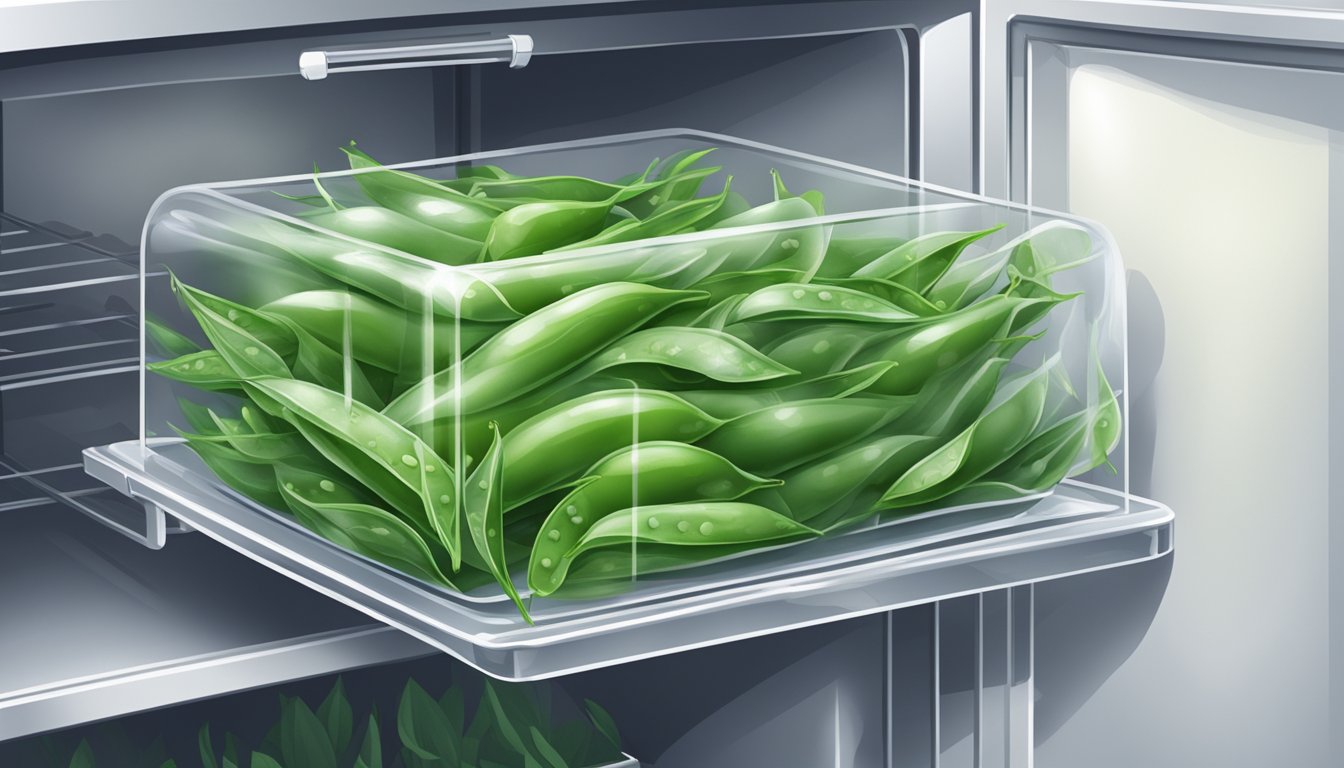 Snow peas in a sealed container in a refrigerator