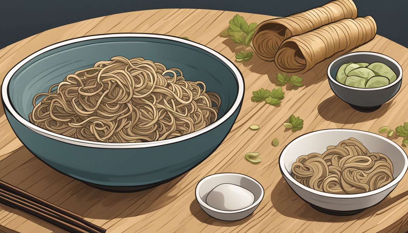 A bowl of uncooked soba noodles on a wooden cutting board, surrounded by a few scattered loose noodles