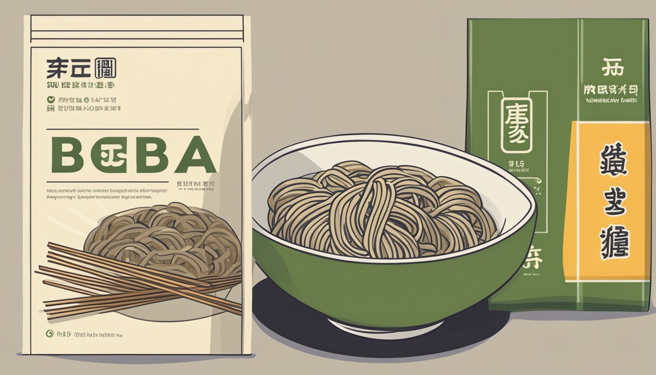 A bowl of uncooked soba noodles displayed next to a package with a "best by" date