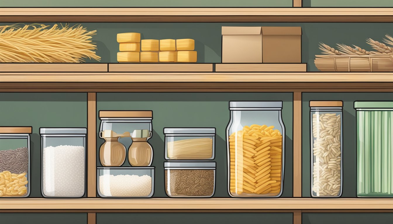 A pantry shelf with a sealed package of soba noodles, alongside other dry goods like rice and pasta