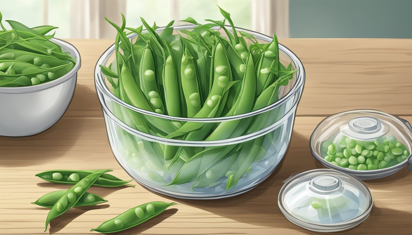 Fresh snow peas in a clear, airtight container on a kitchen shelf. Some peas are starting to show signs of spoilage with browning and wilting